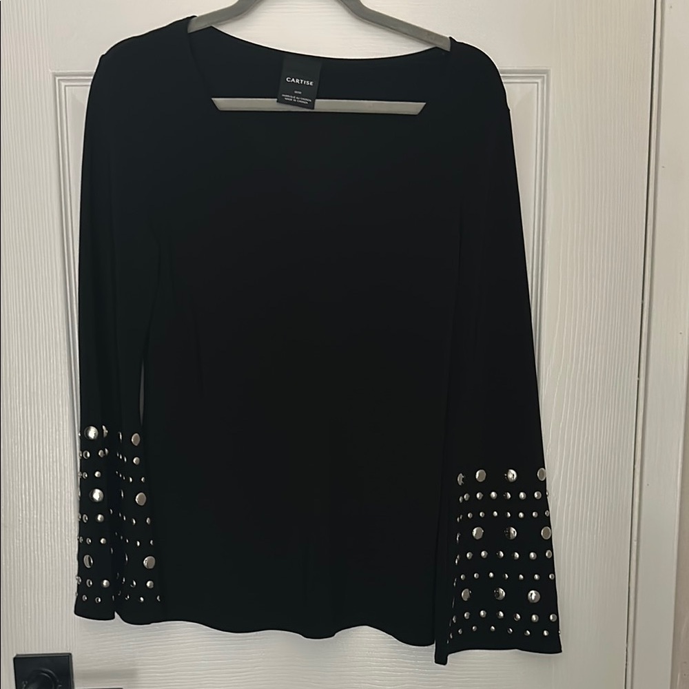 Cartise Black Studded Women's Top with Bell Sleeves